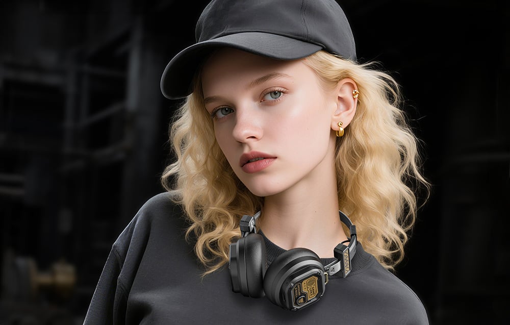 A woman wearing a baseball cap has Onikuma headphones hanging around her neck