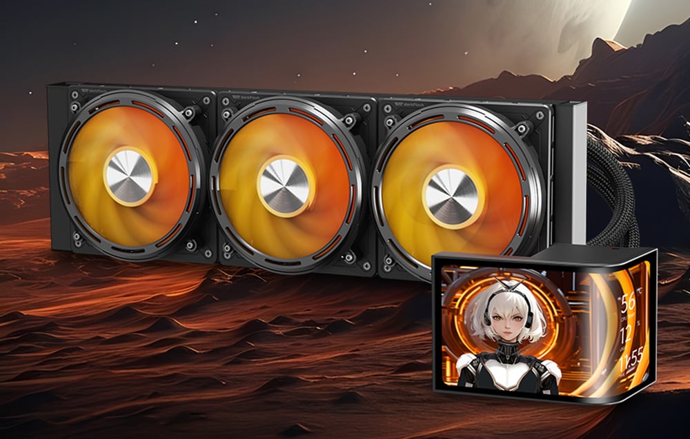 Liquid cooling with a triple-fan setup featuring orange backlighting and an LCD screen displaying anime character graphics