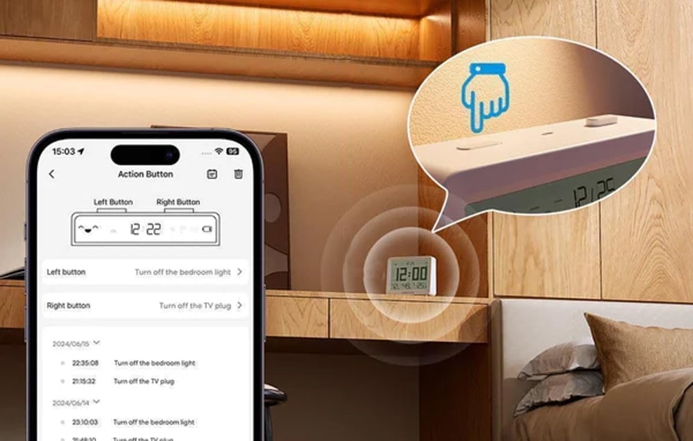 Smartphone with app controlling Meross clock, showing button assignments, against background of clock standing in bedroom
