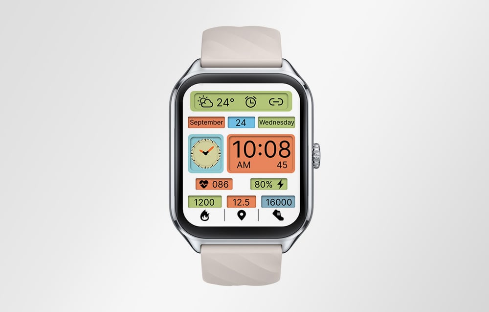 Silver smartwatch on a white background displaying various health functions, weather and time
