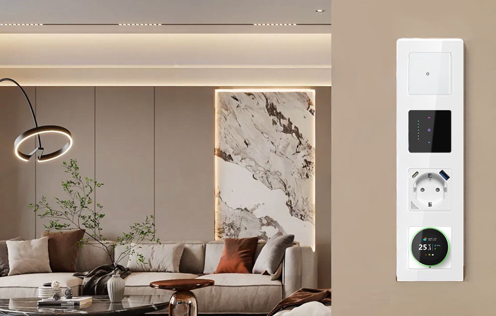 Black glass touch switch mounted on the wall with color control icons and opening level indicator.