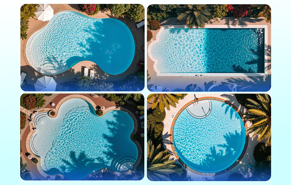 Four pools in different shapes seen from a bird's eye view