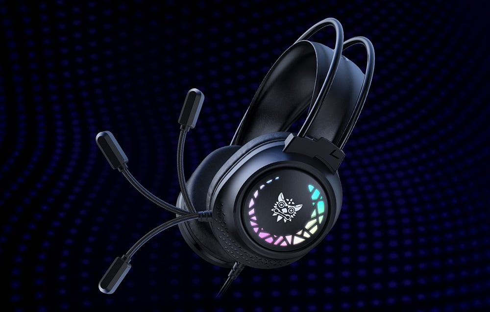 Black in-ear headphones with adjustable microphone on dark background