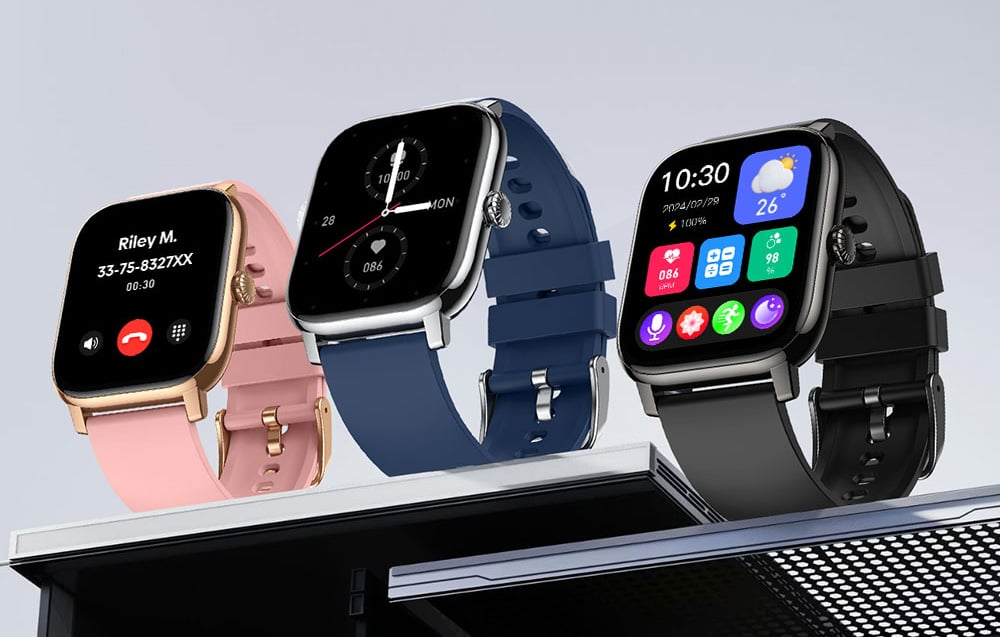 Three Zeblaze smartwatches in pink, navy blue, and black, showcasing various screen functions