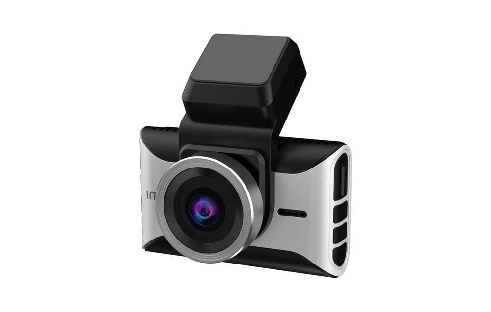 Silver-black Imou dashcam with a large lens in a silver frame, side view on a white background