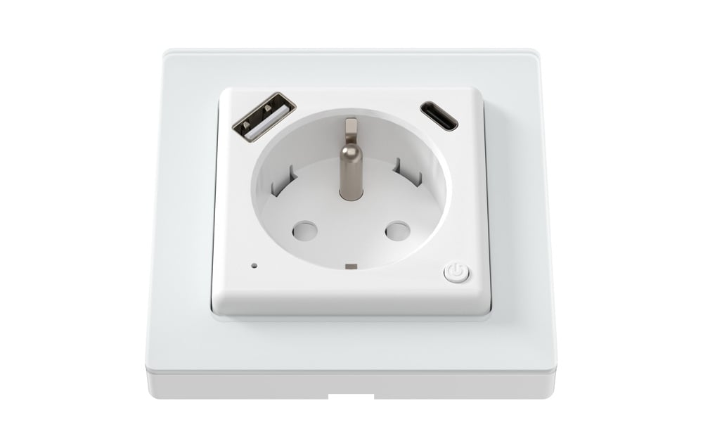 Front view of the outlet with USB-A and USB-C ports.