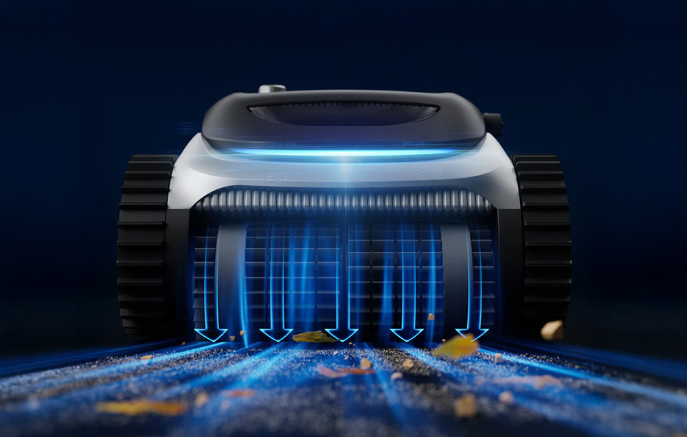 The pool robot sucks up dirt and leaves from the bottom of the pool through a system of brushes and filters illuminated from the side