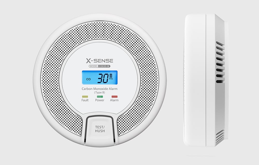 Okrągły detektor CO X-Sense z niebieskim wyświetlaczem 30 PPM widok z przodu i profil