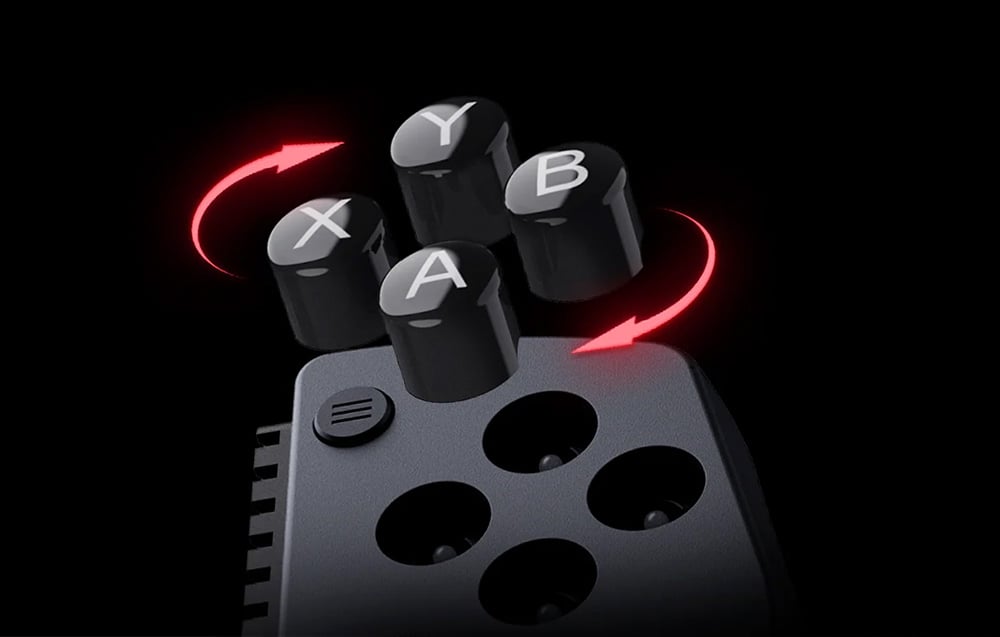 Close-up of the X, Y, A and B buttons on the right controller with red arrows indicating the ability to swap between them