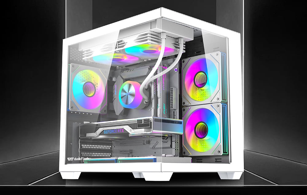 White PC case with colorful RGB fans and glass panels on a dark background