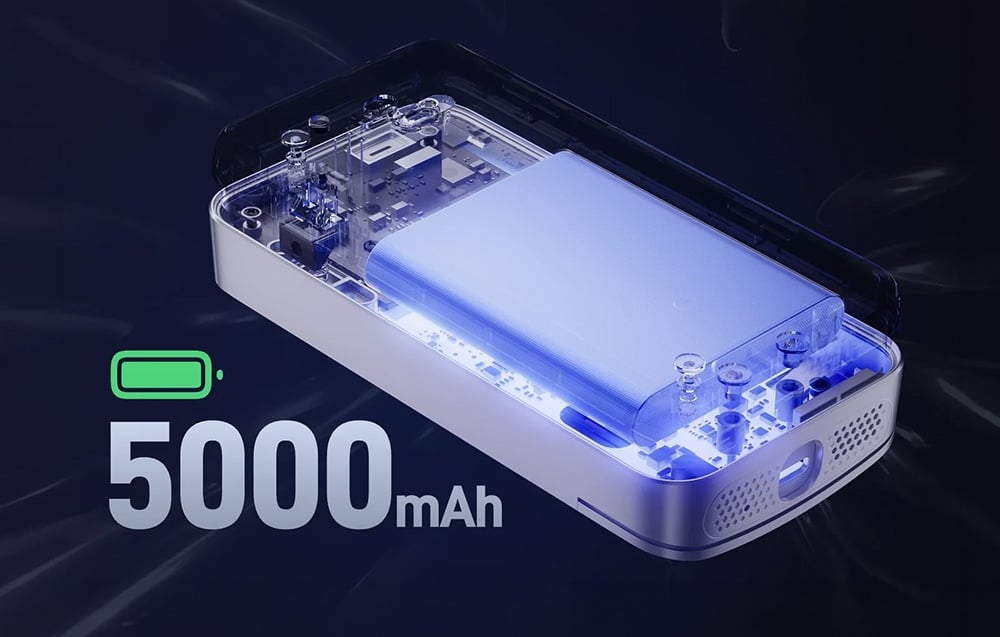 A cross-section of the device’s interior showing a large blue battery with a capacity of five thousand units.