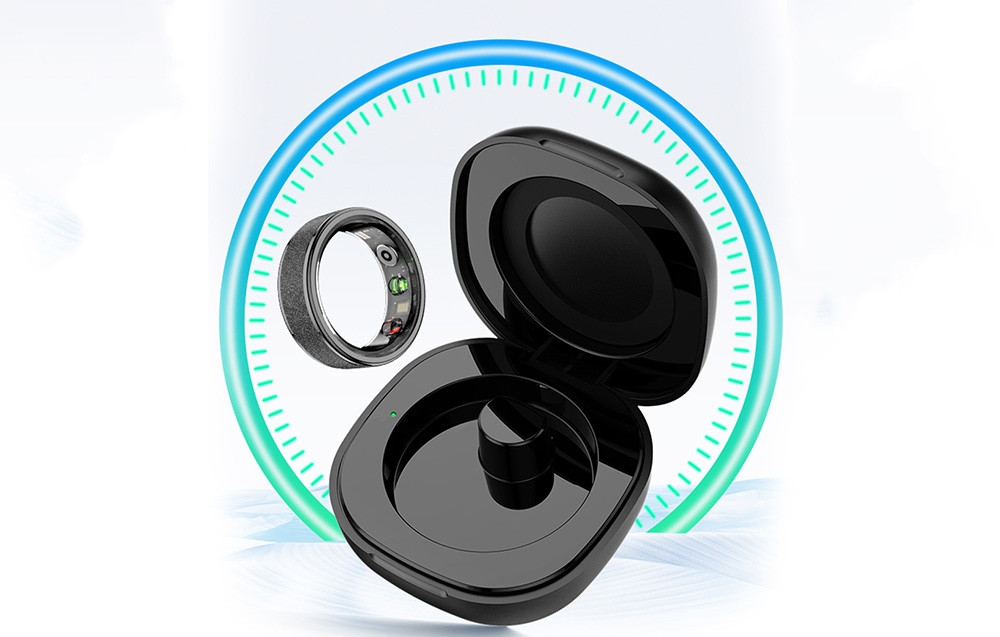 Black case and smartring on white and blue background.