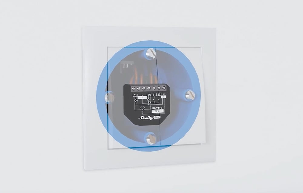 Shelly Gen4 module mounted in a flush-mounted box with blue frame, wiring diagram visible
