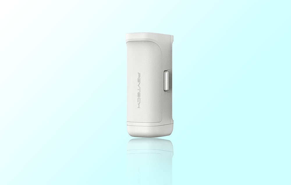 Woman holds iPhone in white case with MagSafe powerbank and wrist strap, front-facing camera