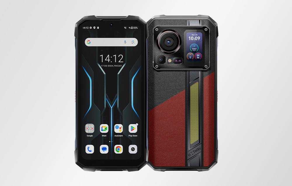 Front and rear view of a black HOTWAV smartphone; Android system visible on the screen, additional display and camera on the back.