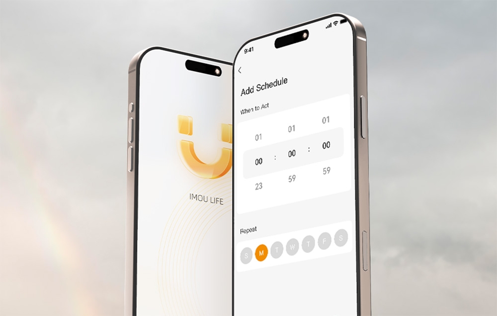 Two smartphones: one with the Imou Life logo, the other with the Add Schedule menu open, showing the time and days of the week