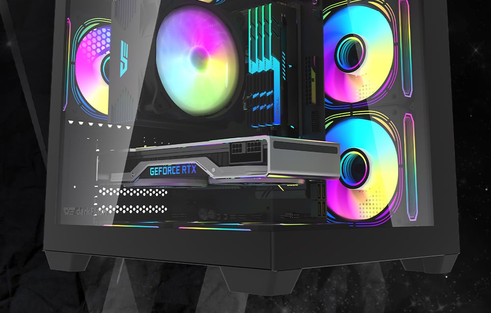 A close-up of the interior of the Darkflash C275P computer case.