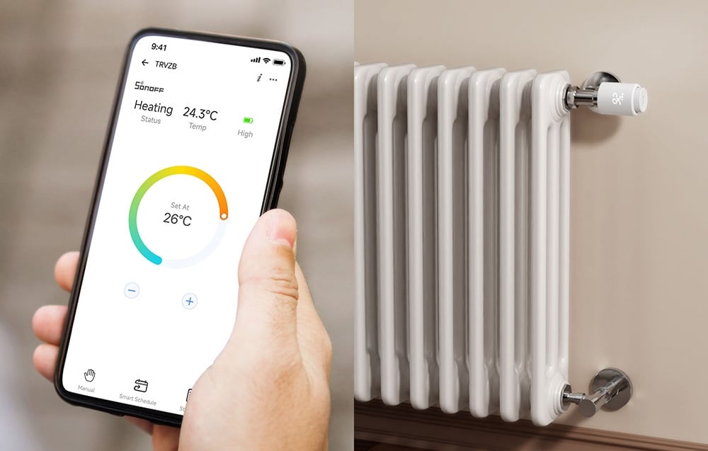 A smartphone held in the hand with radiator settings, a radiator in the background
