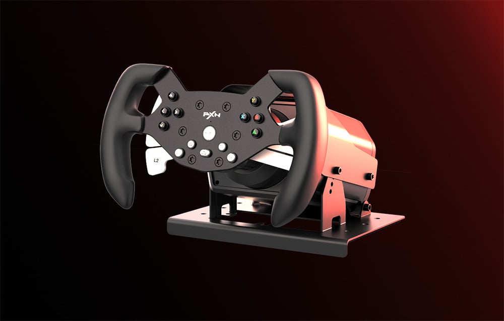 Complete PXN racing wheel set with buttons, paddle shifters, mounted on a motor base and stand