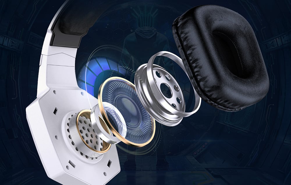Close-up of the inside of the headphones with a view of the drivers