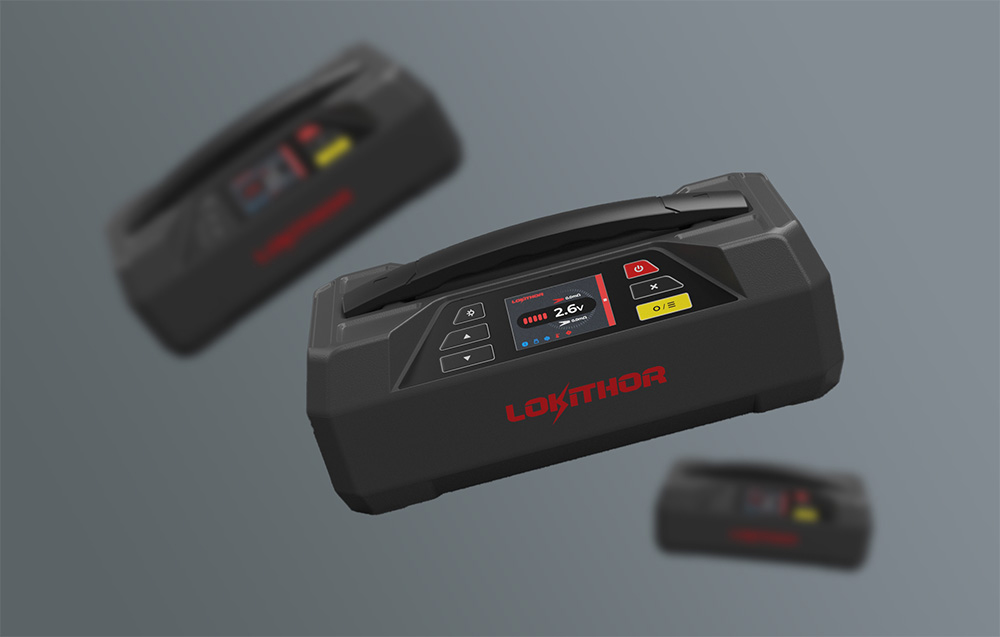 Three LOKITHOR jump starters shown from different angles on a gray background.