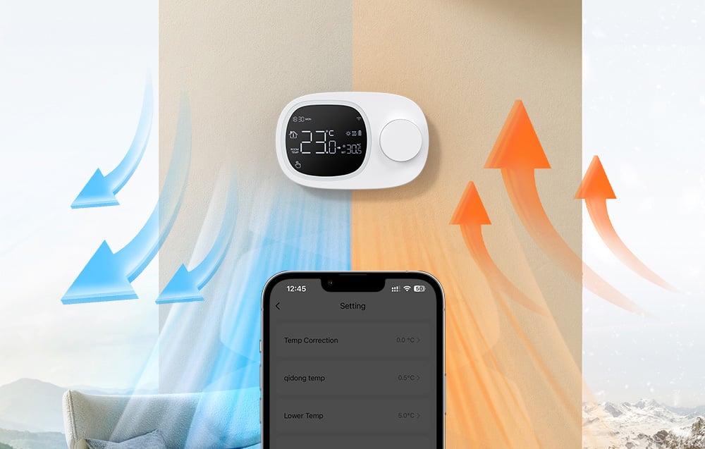 Smart thermostat on the wall, smartphone and blue and orange arrows on the front