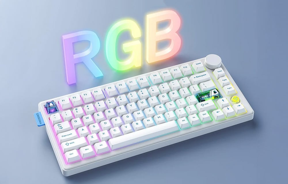 White keyboard on a blue table, with RGB lettering above it
