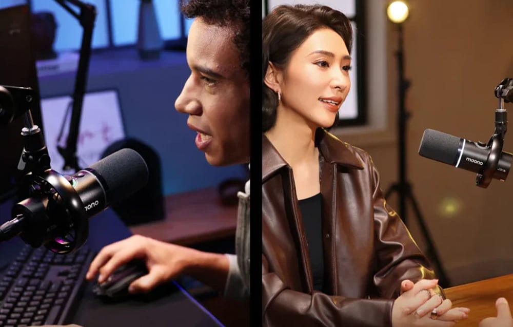 Split screen showing a man and a woman speaking into Maono microphones in different studios