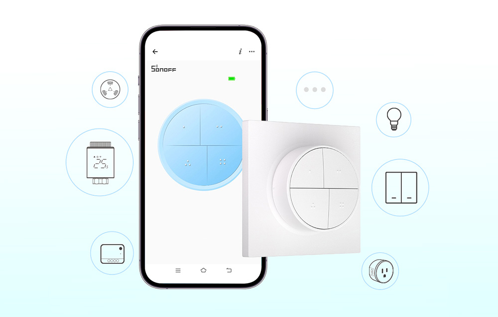 Smartphone with the Sonoff app turned on, next to a smart button and icons symbolizing various devices, including a light bulb and thermostat