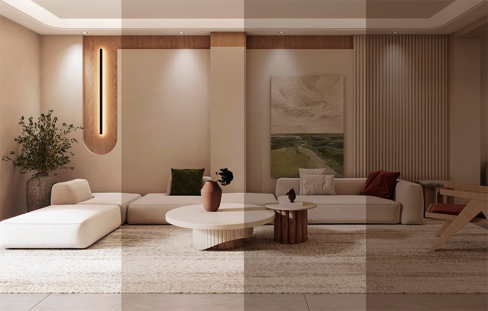 Yeelight Meteor C400 ceiling lamp illuminating the living room with bright sofas and coffee table.