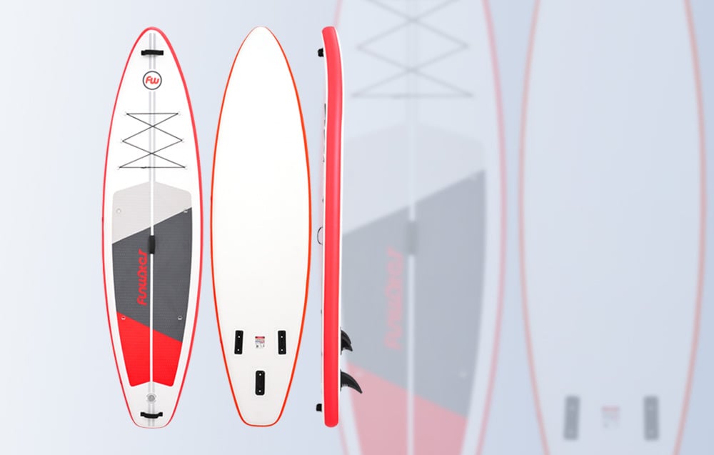 Funwater surfboards arranged at different angles on a light background