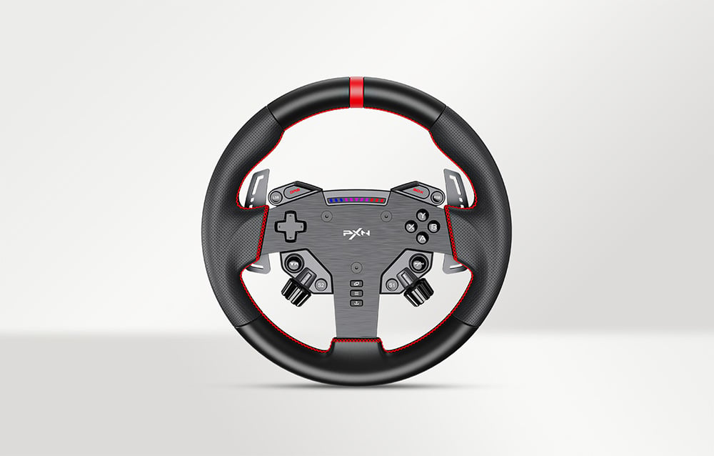 Front view of a black PXN gaming steering wheel on a gray background