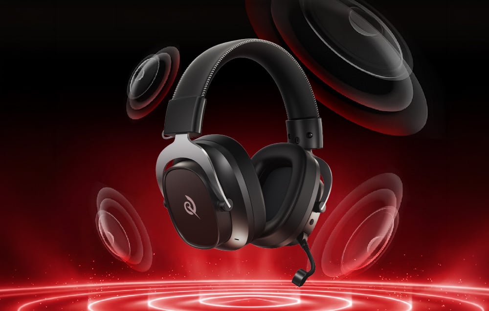 Black gaming headphones with a microphone and silver accents, floating above red sound waves on a dark background