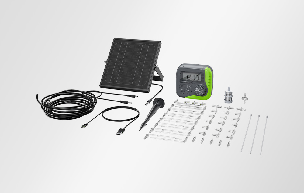 Solar panel, controller, hoses, drippers, connectors, and USB cables