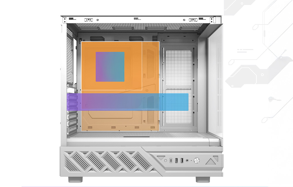 Graphic showing the compatibility of component dimensions in a white PC case