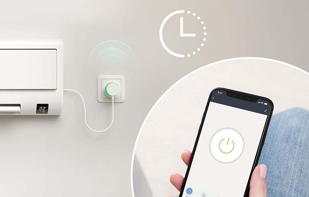 An air conditioner connected to a smart outlet controlled from a smartphone app with a large on-off button