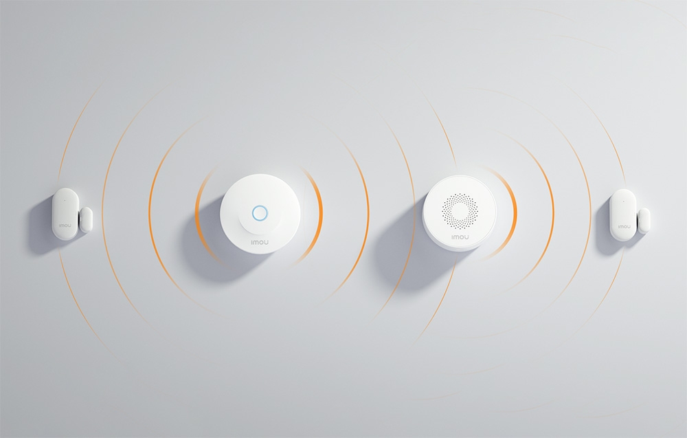 Four white Imou sensors and two round Imou devices arranged symmetrically, connected by orange wave graphics