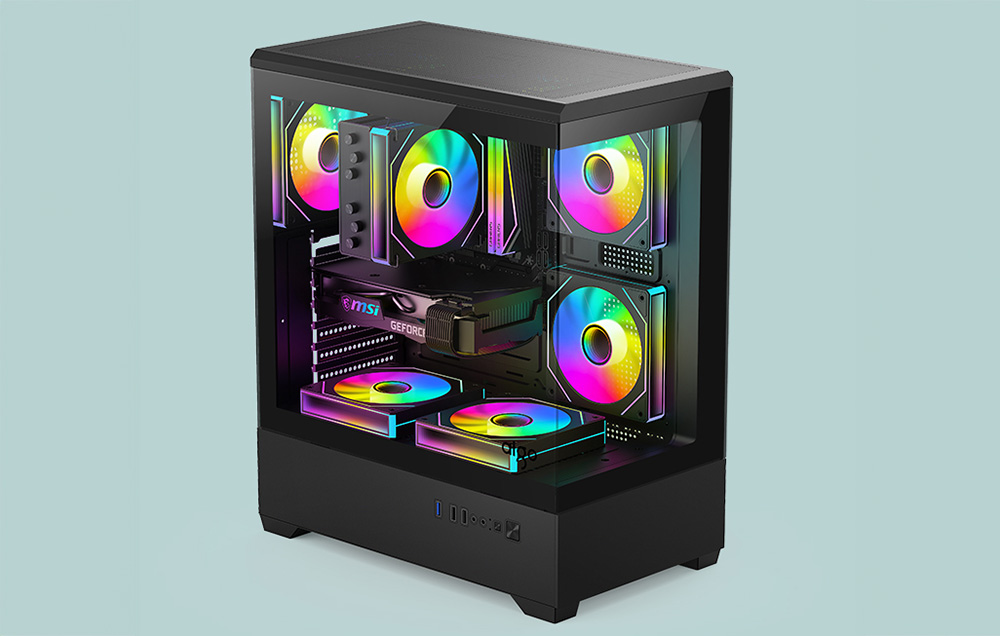 Black PC case with RGB backlit fans on a light background