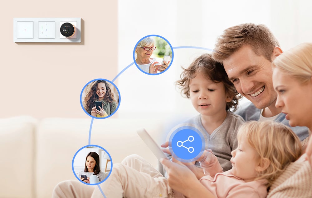 A family with children sits on a couch and looks at a tablet screen