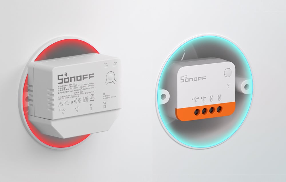 Two Sonoff ZBMINI Extreme modules mounted in flush-mounted boxes with backlight, rear and front view