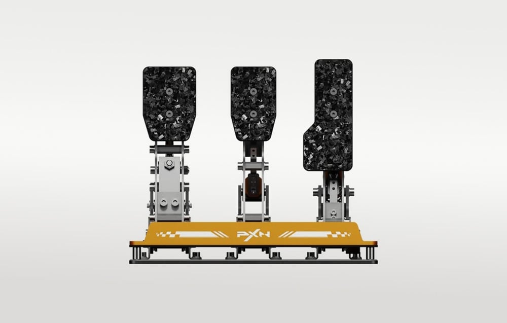 Three PXN sim racing pedals with carbon fiber covers mounted on an orange-and-black base