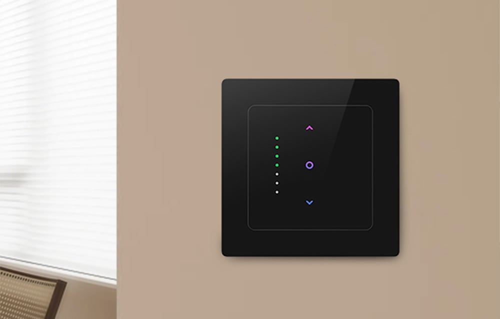 Black glass touch switch mounted on the wall with color control icons and opening level indicator.