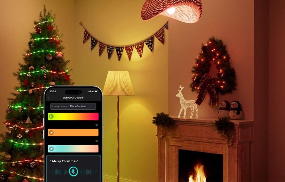 A smartphone displaying an app against the backdrop of a decorated living room with a Christmas tree, a fireplace, and a standing floor lamp.