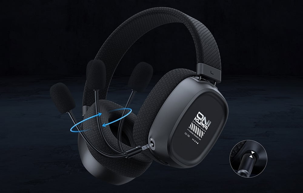 Headphones with detachable microphone and blue motion indicators on black background