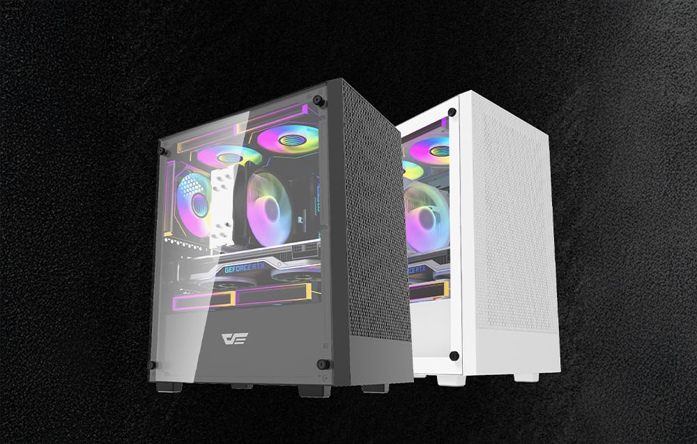 Two Darkflash M305 cases in white and black standing side by side.