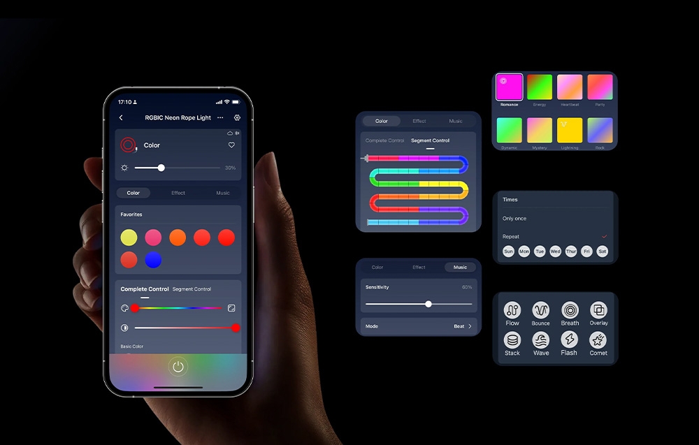 A smartphone screen displaying an app for selecting colors and lighting modes.
