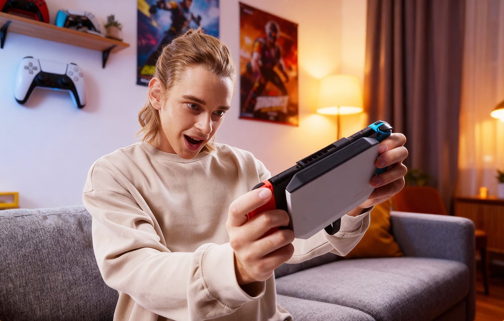 A woman holding a Nintendo Switch 2 console with a mobile docking station attached, smiling and playing a game.