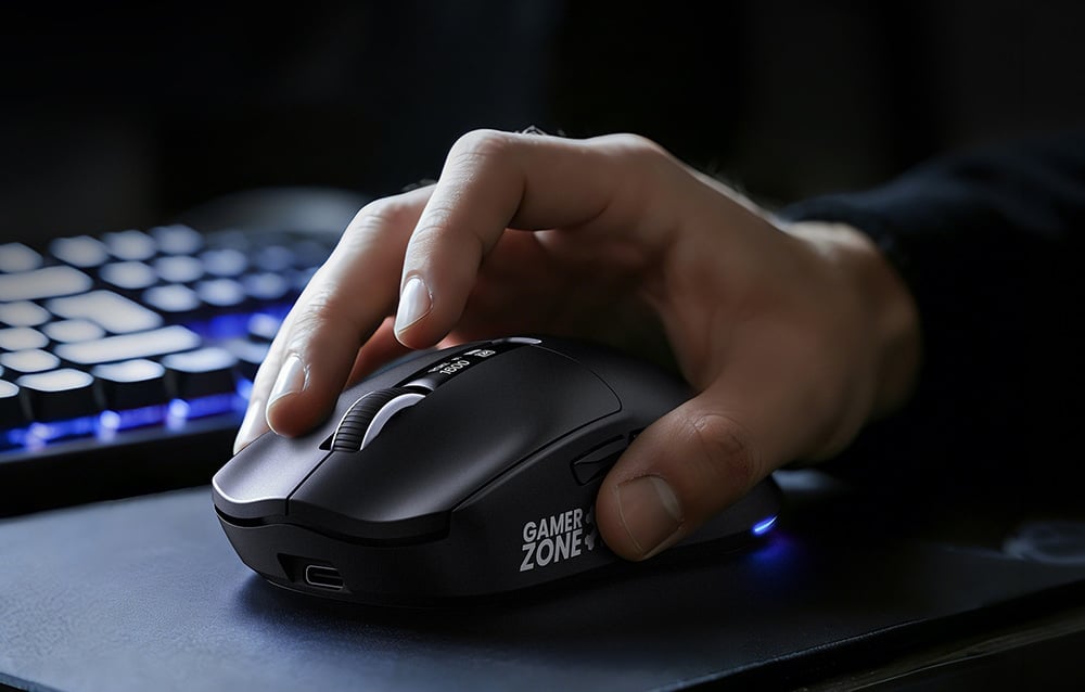 Close-up of a hand on the Onikuma computer mouse