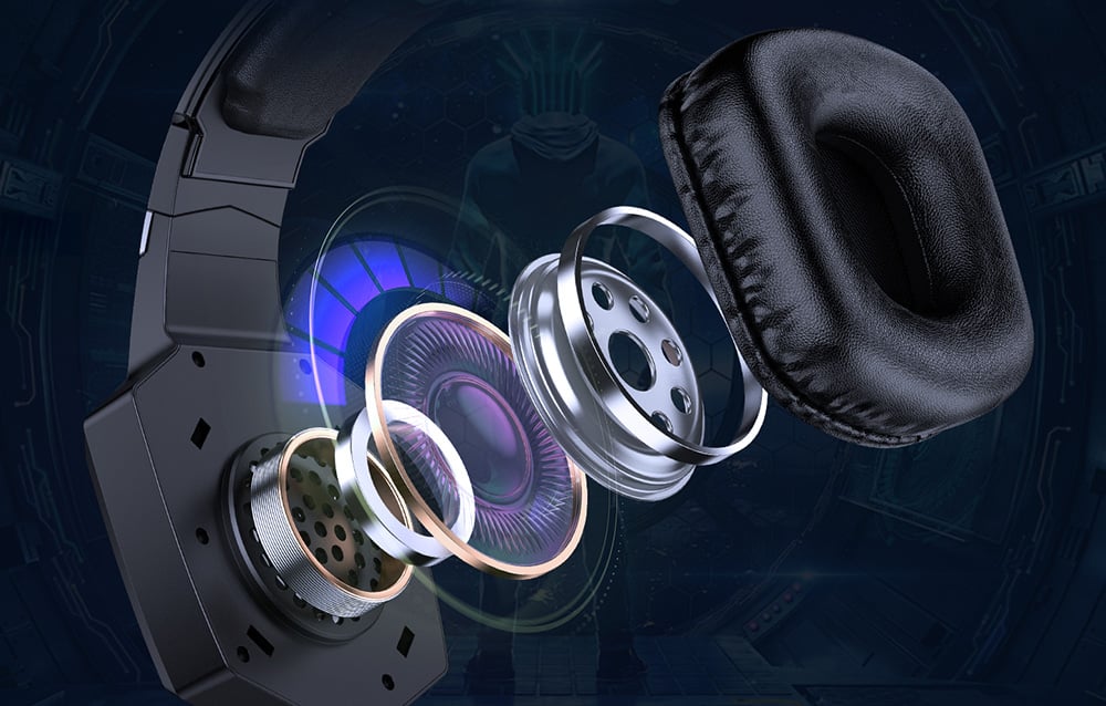 Close-up of the inside of the headphones with a view of the drivers