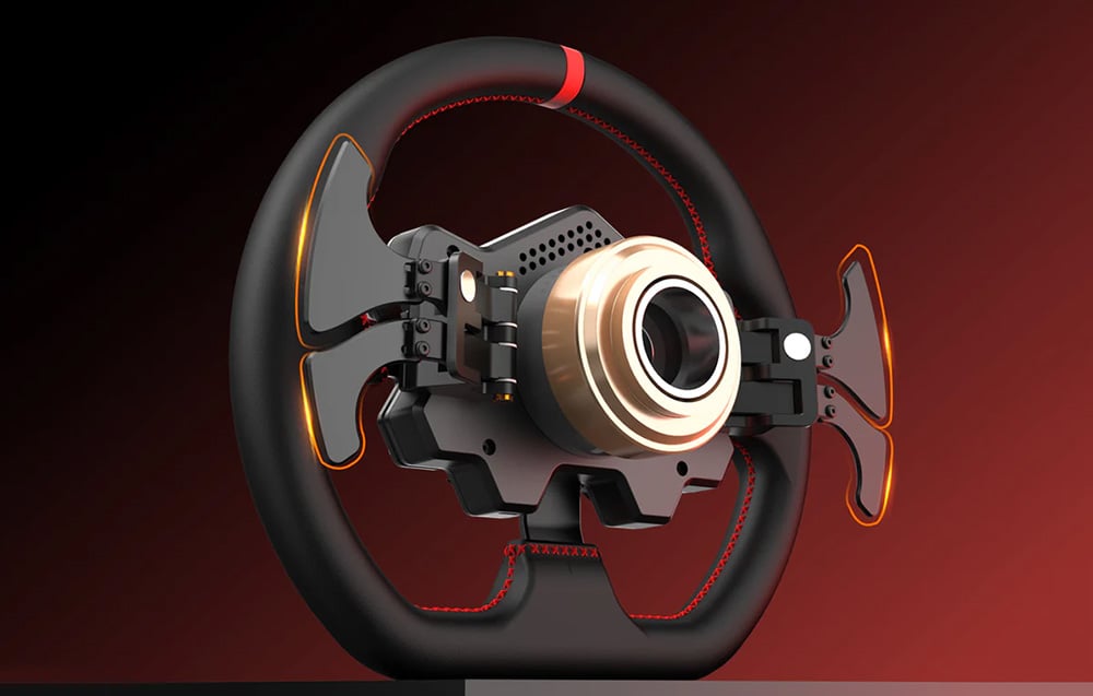 Steering wheel with visible internal mechanism and illuminated metal components in the center